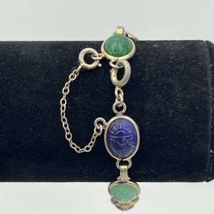 Egyptian Revival Vintage Scarab Bracelet Multi Color Safety Chain